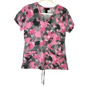 Actual Bohemian Floral Gray Pink & White Scrub Top Size XS